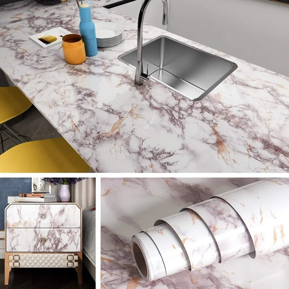Livelynine Rose Marble Contact Paper Peel Self Adhesive Wallpaper 15.8” X 78.8”